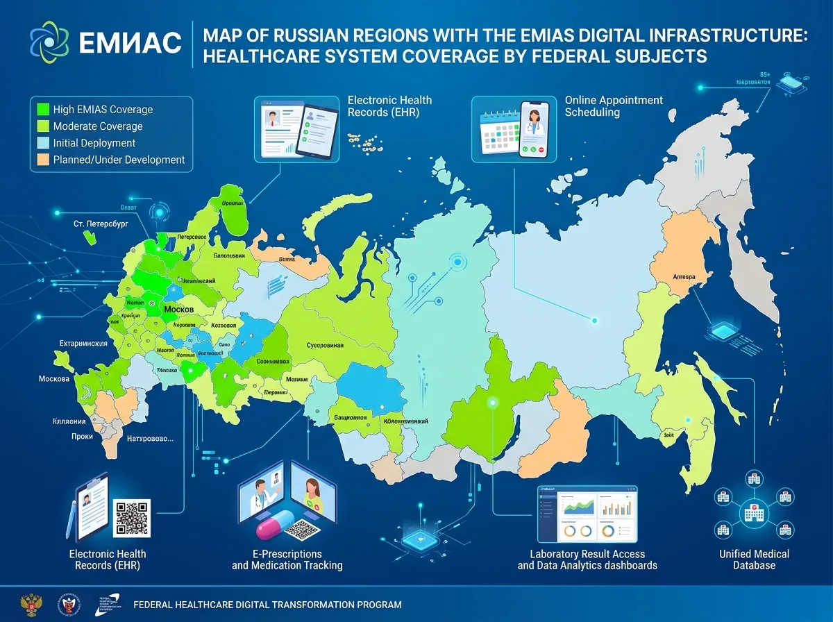 Карта регионов России с цифровой инфраструктурой ЕМИАС — схема охвата системы здравоохранения по субъектам федерации